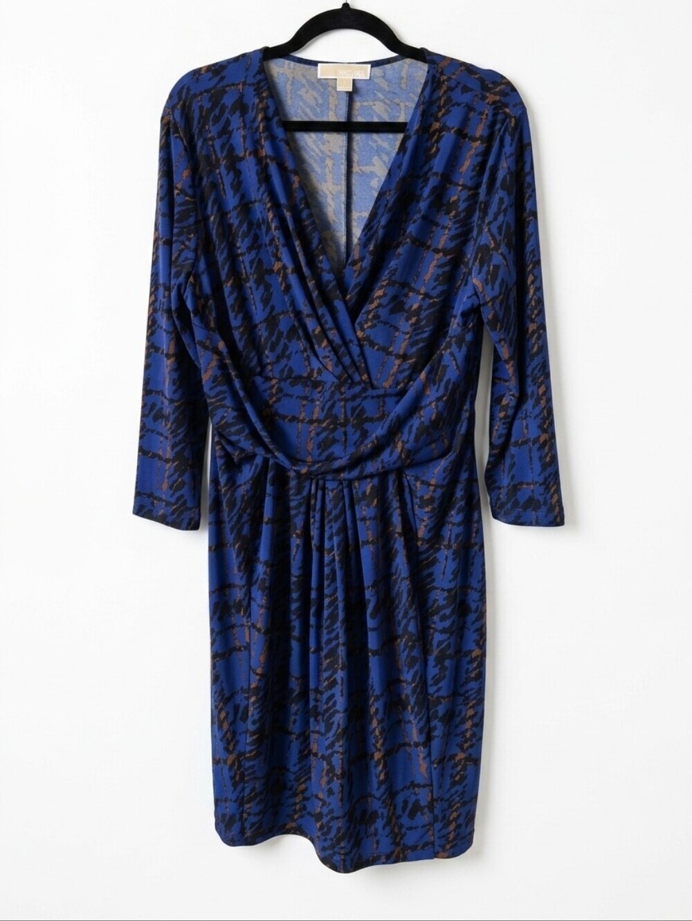 Michael Kors Royal Blue and Black Printed Wrap-Style Long Sleeve Dress